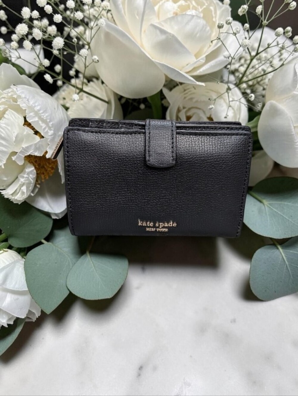 kate spade Black Pebbled Leather Compact Wallet with Gold Logo